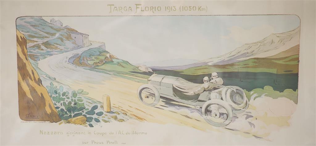 A pair of colour reprints after Gamy of early 20th century motoring scenes including Targa Florio 1913, 43 x 87cm